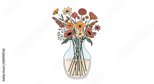 Hand-drawn bouquet of beautiful warm-toned wildflowers arranged elegantly in a clear glass vase on a white background.