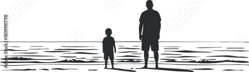 Silhouette vector illustration of a father and son standing together on the beach, perfect for family-themed design projects