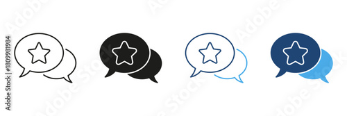 Speech Bubbles With Star Line And Solid Icon Set. Customer Feedback, Review, And Rating Communication Outline And Silhouette Symbol Collection. Isolated Vector Illustration