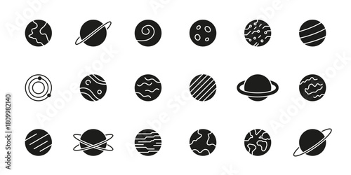 Planetary And Celestial Bodies Solid Icon Set. Astronomy, Space Exploration and Cosmic Phenomena Silhouette Symbol Collection. Solar System And Universe. Isolated Vector Illustration