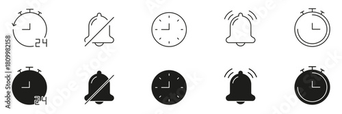 Clock And Bell Icon Set. Time Management, Alarm Notification, And 24-Hour Scheduling Outline And Silhouette Symbol Collection. Includes Silent Mode And Alert Indicators. Isolated Vector Illustration