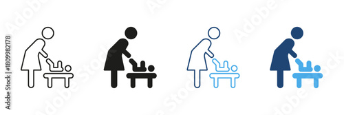 Mother Changing Baby Diaper Line And Solid Icon Set. Infant Care, Parenting, And Nursery Outline And Silhouette Symbol Collection. Childcare And Hygiene. Isolated Vector Illustration
