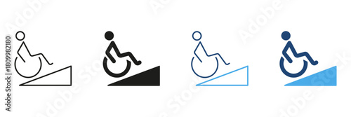 Wheelchair Accessibility Ramp Line And Solid Icon Set. Disability Access, Mobility Support, And Inclusive Design Outline And Silhouette Symbol Collection. Isolated Vector Illustration
