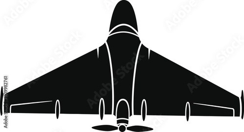 A sleek black silhouette of a modern fighter jet facing forward