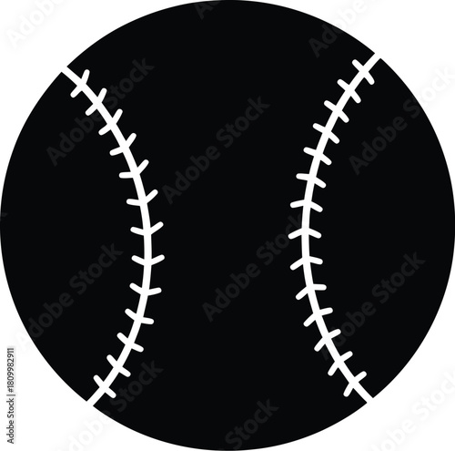 A simple black and white illustration of a baseball with visible stitching