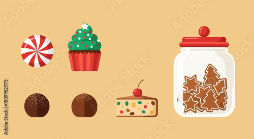 Cute Christmas Character Icons Santa, Reindeer, Elf, Snowman, and Polar Bear Illustrations