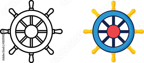 Two ship wheels are presented one in outline and one in full color
