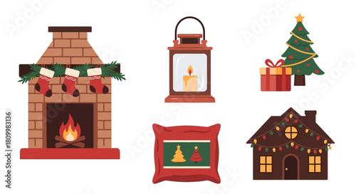 Cute Christmas Character Icons Santa, Reindeer, Elf, Snowman, and Polar Bear Illustrations