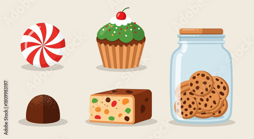 Cute Christmas Character Icons Santa, Reindeer, Elf, Snowman, and Polar Bear Illustrations