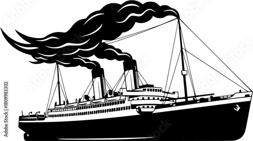Illustration of a black and white steamship with smoke coming from the smokestack on a white background
