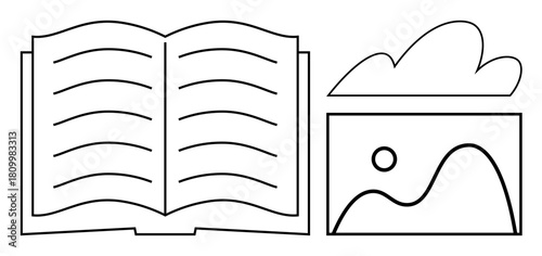Open book with visible lines beside a framed landscape with mountain, sun, and cloud. Ideal for education, storytelling, creativity, imagination, learning art inspiration. Simple flat metaphor