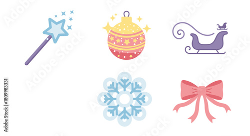 Cute Christmas Character Icons Santa, Reindeer, Elf, Snowman, and Polar Bear Illustrations