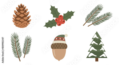Cute Christmas Character Icons Santa, Reindeer, Elf, Snowman, and Polar Bear Illustrations