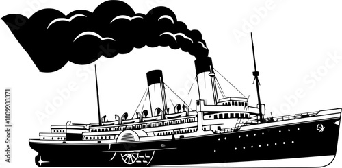 Illustration of a black and white steamship with smoke coming from the smokestack on a white background
