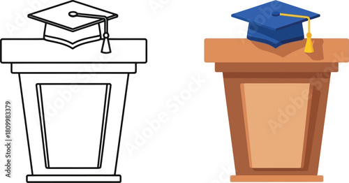 Two graduation podiums one colorized and one in a simple black outline