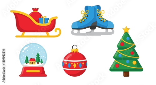 Cute Christmas Character Icons Santa, Reindeer, Elf, Snowman, and Polar Bear Illustrations