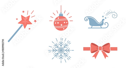 Cute Christmas Character Icons Santa, Reindeer, Elf, Snowman, and Polar Bear Illustrations