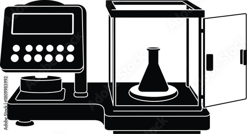 Analytical balance with open weighing chamber and flask inside black and white