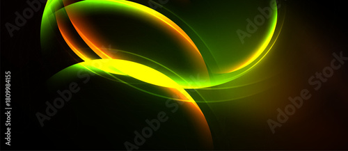Abstract glowing shapes, vibrant colors blend. Green, yellow, orange radiate against black background. Smooth curves create dynamic visual effect.