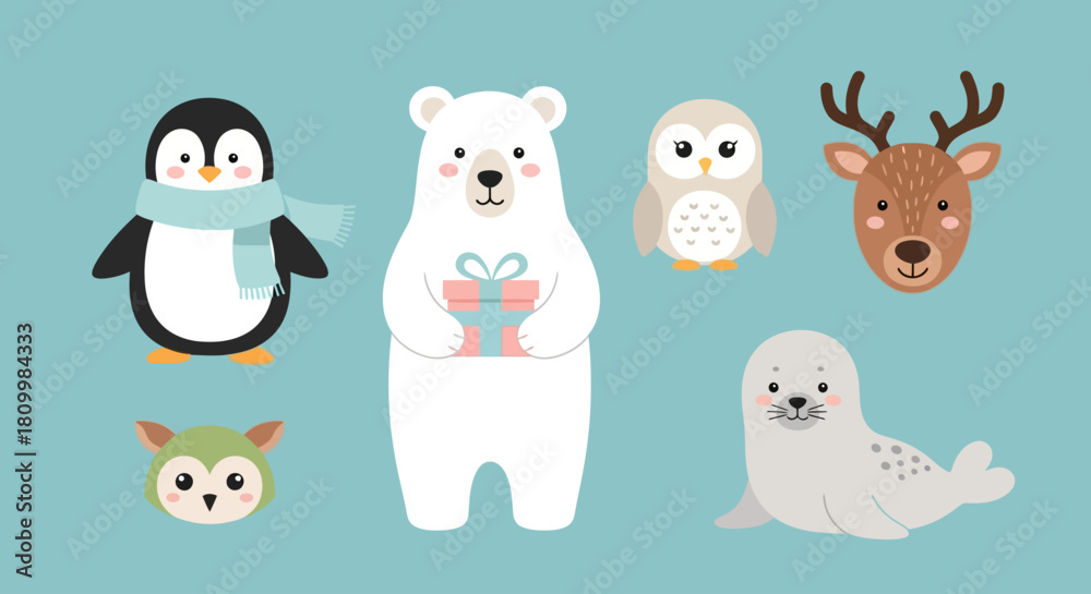 Naklejka premium Cute Christmas Character Icons Santa, Reindeer, Elf, Snowman, and Polar Bear Illustrations