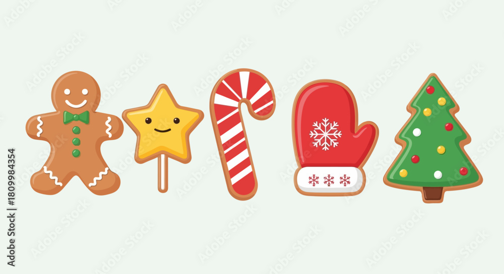 Fototapeta premium Cute Christmas Character Icons Santa, Reindeer, Elf, Snowman, and Polar Bear Illustrations