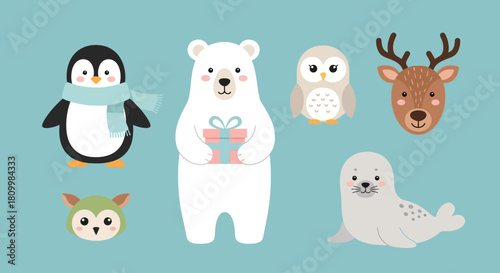Cute Christmas Character Icons Santa, Reindeer, Elf, Snowman, and Polar Bear Illustrations