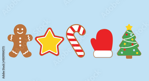 Cute Christmas Character Icons Santa, Reindeer, Elf, Snowman, and Polar Bear Illustrations
