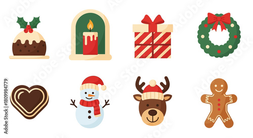 Cute Christmas Character Icons Santa, Reindeer, Elf, Snowman, and Polar Bear Illustrations