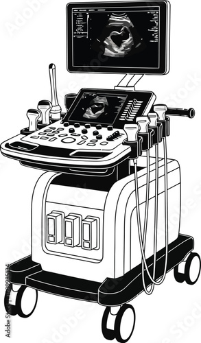 Medical ultrasound machine with a monitor and control panel on a mobile cart