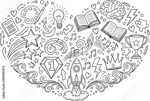 Intricate heart shaped doodle composition in black and white