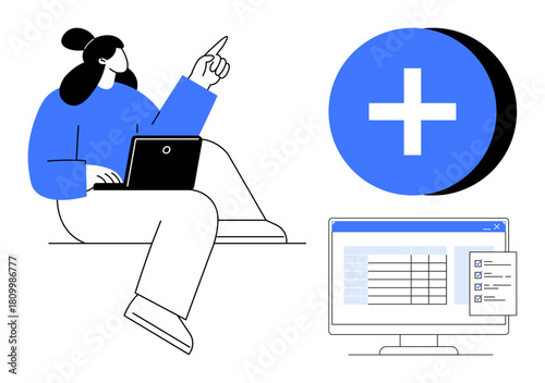 Digital medical interface. Person working on laptop with a focus on digital medical symbols. Digital medical systems facilitate health data organization. For healthcare, technology, education