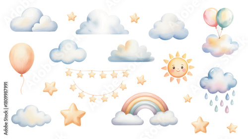 Watercolor boho sky elements for kids nursery birthday decor. Soft clouds and stars for nursery wall.