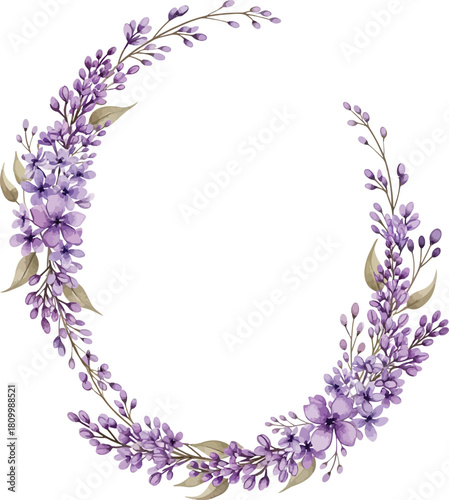 Delicate watercolor floral wreath with soft purple flowers and green leaves forming a circular frame on a white background