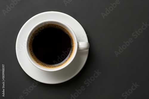 “Top View of Black Coffee in White Cup on Dark Minimal Background – Premium Minimalist Coffee Photo”