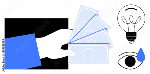 Hand offering cash notes, alongside a light bulb, eye, and tear icon. Ideal for finance, innovation, investment, emotional value creativity problem-solving and decision-making concepts. Simple