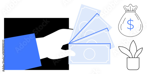 Hand offering cash, dollar-marked bag, potted plant symbolizing money, earnings, and growth. Ideal for finance, lending, investment, budgeting saving wealth management simple flat metaphor