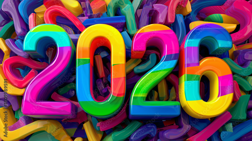 Fototapeta premium Vibrant 3D 2026 typography, colorful vector design, modern abstract backdrop