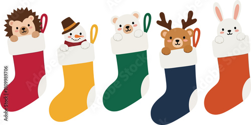 Five colorful christmas stockings with adorable animal characters peeking out perfect for holiday decorations and gifts