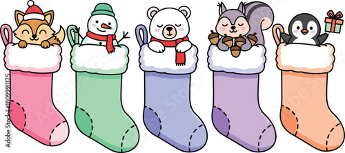 Five colorful christmas stockings filled with cute cartoon animals including a fox snowman bear squirrel and penguin ready for holiday gifts
