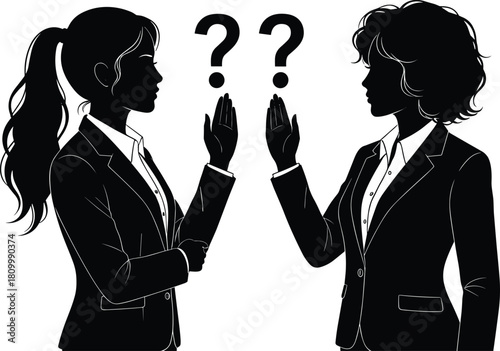Silhouette businesswomen facing each other with raised hands and question marks, representing confusion, communication challenges, teamwork problems, misunderstanding concept illustration