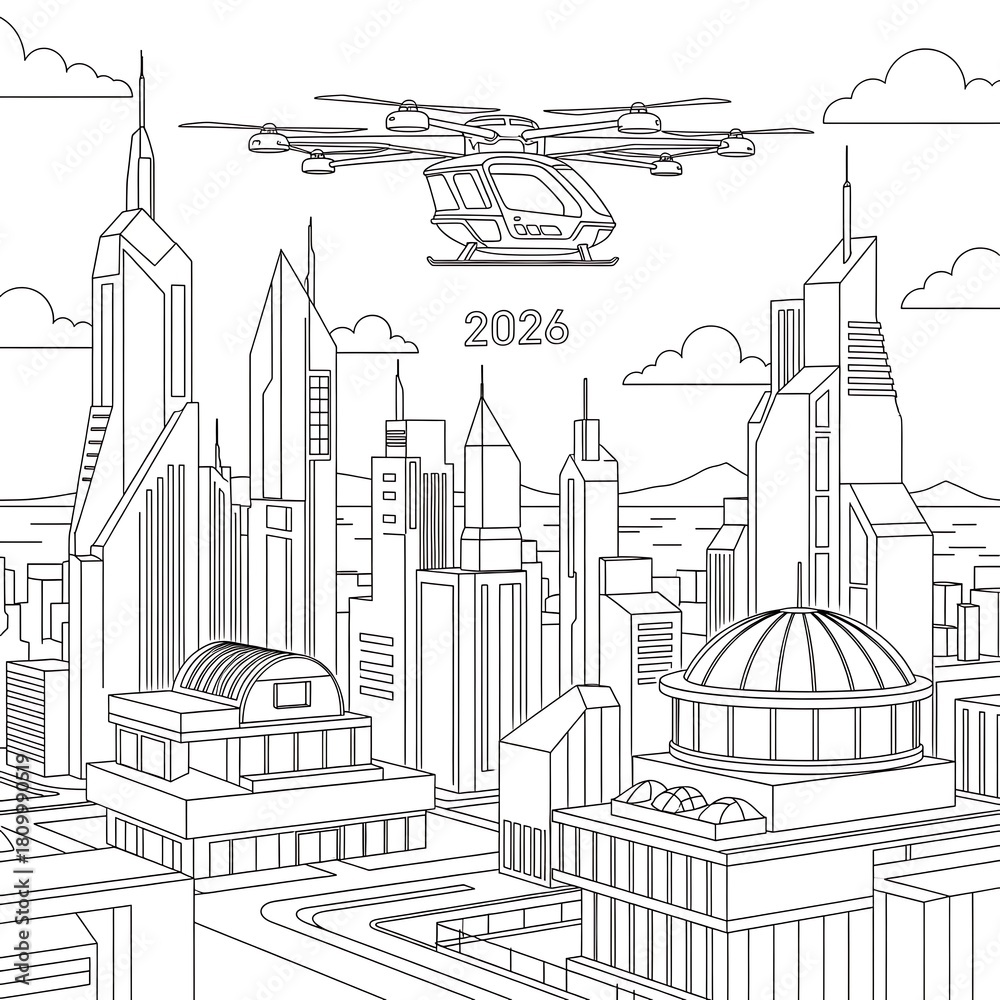 Fototapeta premium Futuristic cityscape with flying car isolated on white background