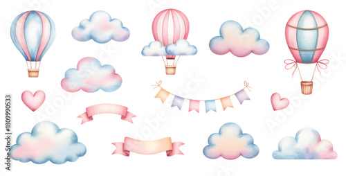 Soft pastel kids watercolor girl celebration set. Watercolor nursery girl birthday sky elements.