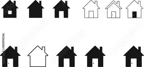 Collection of house icons in solid and outline design, real estate symbols, property illustration set, home construction graphics, residential architecture concept
