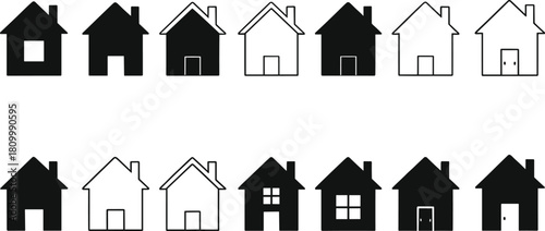 Collection of house icons in solid and outline styles, real estate symbols, property design elements, home illustration set, construction and architecture concept