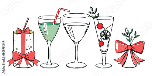 Festive drinks illustration featuring cocktails with bows and straws in a celebratory style
