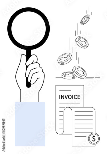 Hand holding magnifying glass inspecting invoice below with falling coins. Ideal for finance, accounting, expense tracking, tax calculation, audits, payment management, simple flat metaphor