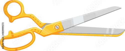 Yellow handled scissors open on a white background studio shot