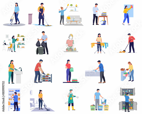 Flat Illustration Set of People Doing Cleaning and Housekeeping Chores