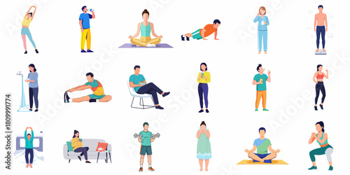 Flat Illustration Various People Engaged in Healthy Lifestyle and Fitness Activities