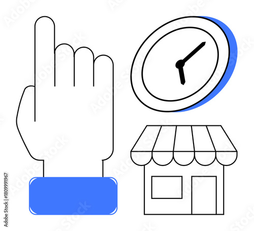 Hand gesture pointing upward, a clock symbolizing time, and a storefront structure. Ideal for time management, scheduling, business hours, retail concepts, organization, punctuality simple flat